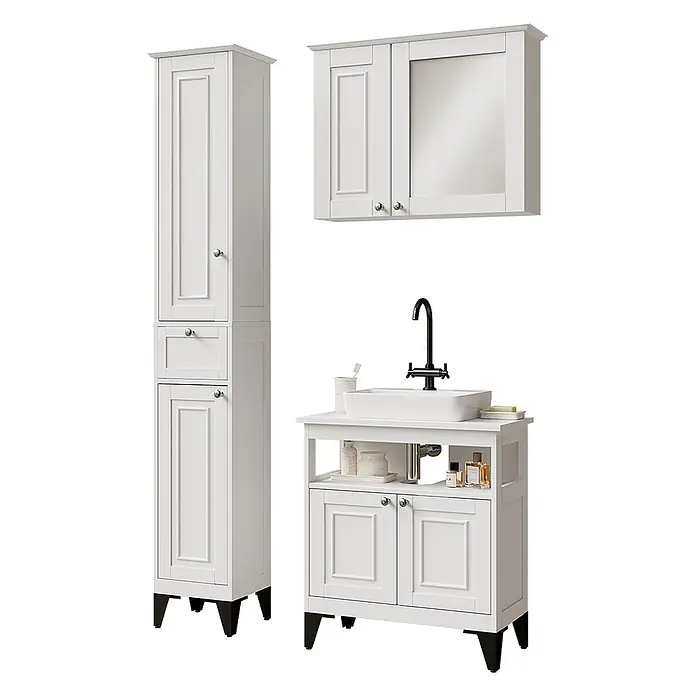 Vicco Badmöbel-Set Vanity Weiß 3 Teile - Weiß, Matt - Weißes Badezimmermöbel-Set mit Waschtischunterschrank mit Aufsatzwaschbecken und schwarzem Wasserhahn, hohem Schrank und Spiegelschrank.