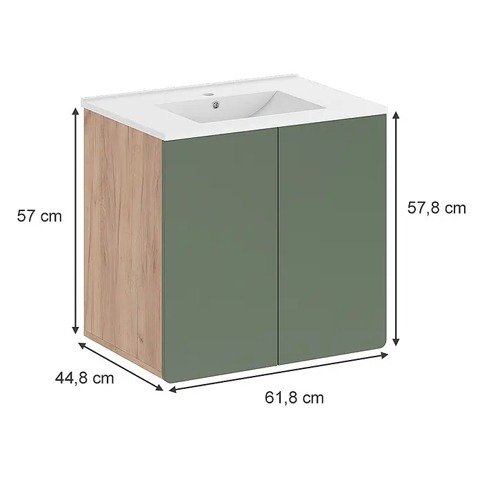 Vicco Badmöbel-Set Izan Goldkraft Eiche/Grün - Goldkraft Eiche, Matt - Badezimmermöbel mit Holzoptik-Seiten, zwei grünen Türen und integriertem weißen Waschbecken. Maße sind angegeben.