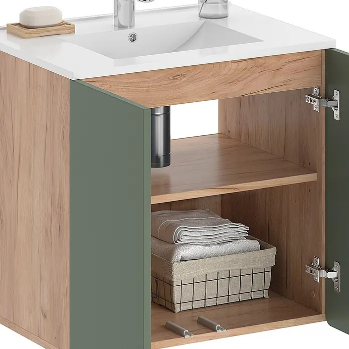 Vicco Badmöbel-Set Izan Goldkraft Eiche/Grün - Goldkraft Eiche, Matt - Badezimmermöbel in Holzoptik und Dunkelgrün mit weißem Waschbecken und offenen Fächern.