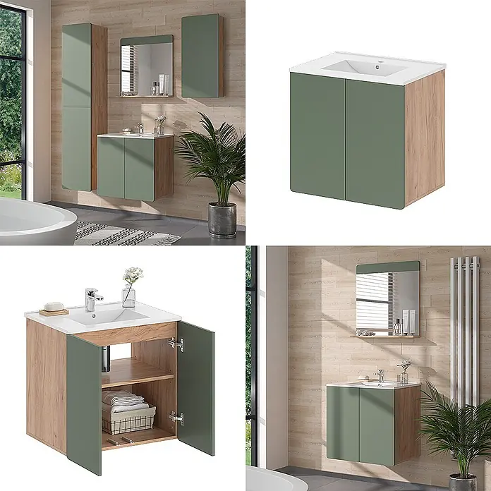 Vicco Badmöbel-Set Izan Goldkraft Eiche/Grün - Goldkraft Eiche, Matt - Wandhängender Badunterschrank mit weißem Waschbecken, Holzoptikrahmen und zwei matten grünen Schranktüren mit Regalen.