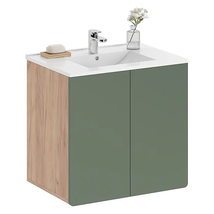 Vicco Badmöbel-Set Izan Goldkraft Eiche/Grün - Goldkraft Eiche, Matt - Badezimmerschrank mit weißem Waschbecken, Holzseitenwand und zwei grünen Türen, mit Chromarmatur.