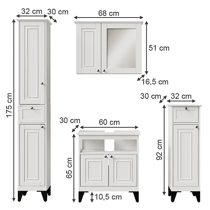 Vicco Badmöbel-Set Vanity Weiß 4 Teile - Weiß, Matt - Weißes Badmöbel-Set mit Hochschränken, Waschtisch und Spiegelschrank, Maße angegeben.