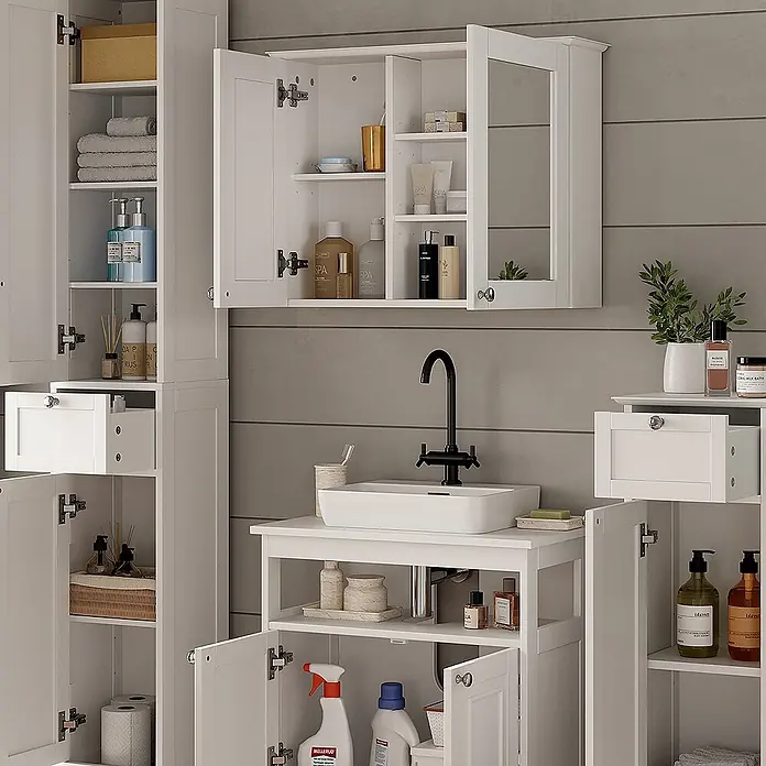Vicco Badmöbel-Set Vanity Weiß 4 Teile - Weiß, Matt - Weiße Badaufbewahrungsschränke und Waschtisch mit Waschbecken, bieten mehrere Regale und Schubladen für Ordnung.