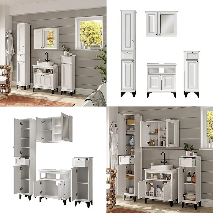 Vicco Badmöbel-Set Vanity Weiß 4 Teile - Weiß, Matt - Weißes Badmöbelset aus Holz: Hochschrank, Waschtisch mit Waschbecken, Wandschrank und schmaler Unterschrank, im Badezimmer gezeigt.