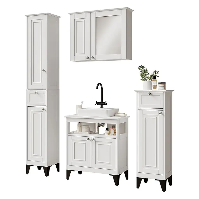Vicco Badmöbel-Set Vanity Weiß 4 Teile - Weiß, Matt - Weißes Badezimmerschrank-Set mit Waschtisch, Waschbecken, Armatur und Aufbewahrungsschränken.