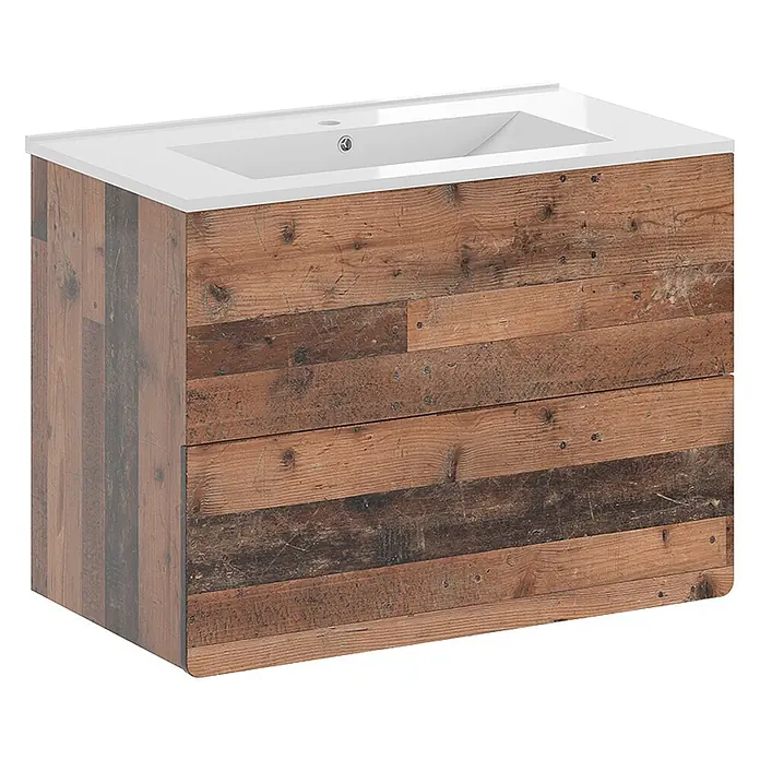 Vicco Waschbeckenunterschrank Izan, Oldstyle 80 cm -  - Waschtischunterschrank mit weißem Keramikwaschbecken und rustikalem Schrank in Altholzoptik mit verschiedenen Brauntönen.