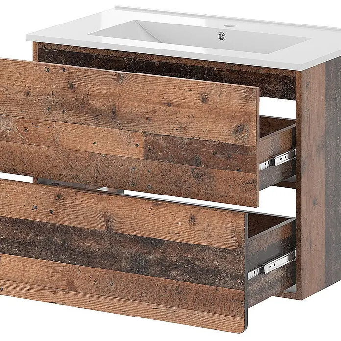 Waschbeckenunterschrank Izan 80 cm Oldstyle Art.-Nr. 54554 -  - Badezimmermöbel im rustikalen Holz-Look mit weißem Waschbecken und zwei halb geöffneten Schubladen.