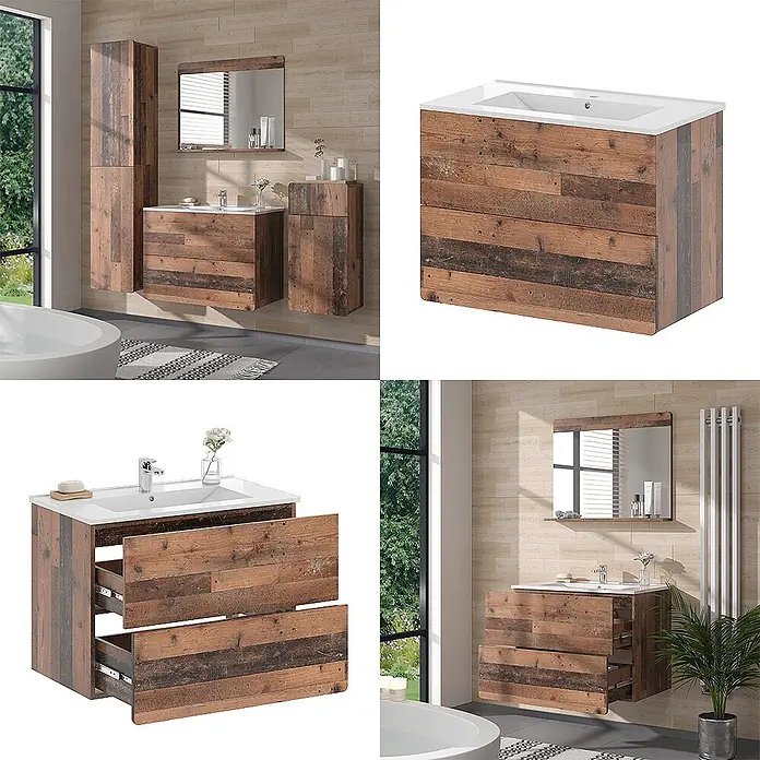 Vicco Waschbeckenunterschrank Izan, Oldstyle 80 cm -  - Wandhängender Waschtischunterschrank mit rustikaler Holzplankenoptik und weißem Keramikwaschbecken, mit zwei Schubladen.