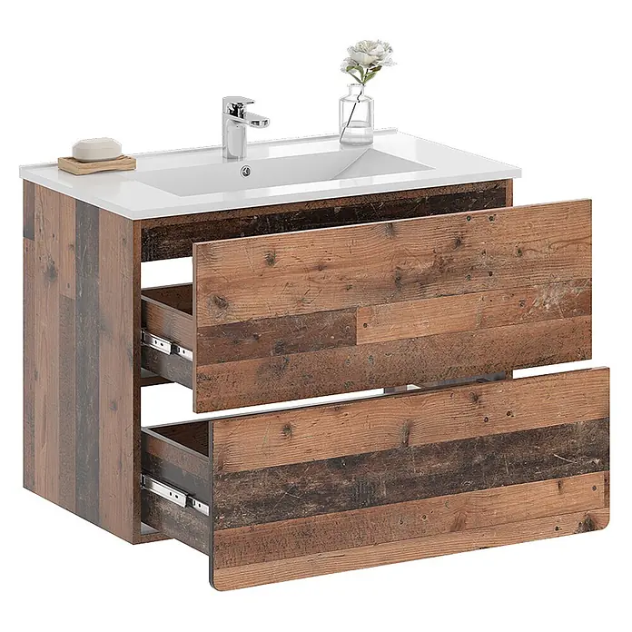 Waschbeckenunterschrank Izan 80 cm Oldstyle Art.-Nr. 54554 -  - Rustikaler Badezimmerschrank in Holzoptik mit weißem Waschbecken und zwei teilweise geöffneten Schubladen.