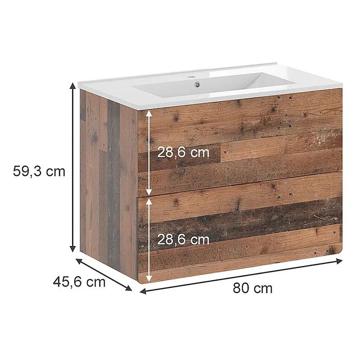 Waschbeckenunterschrank Izan 80 cm Oldstyle Art.-Nr. 54554 -  - Badezimmer-Waschtischunterschrank mit rustikaler Holzplankenoptik und integriertem weißen Waschbecken.