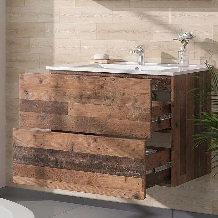 Vicco Waschbeckenunterschrank Izan, Oldstyle 80 cm -  - Rustikaler, wandmontierter Waschtisch aus Holz mit weißem Waschbecken, Chromarmatur und zwei teilweise geöffneten Schubladen.