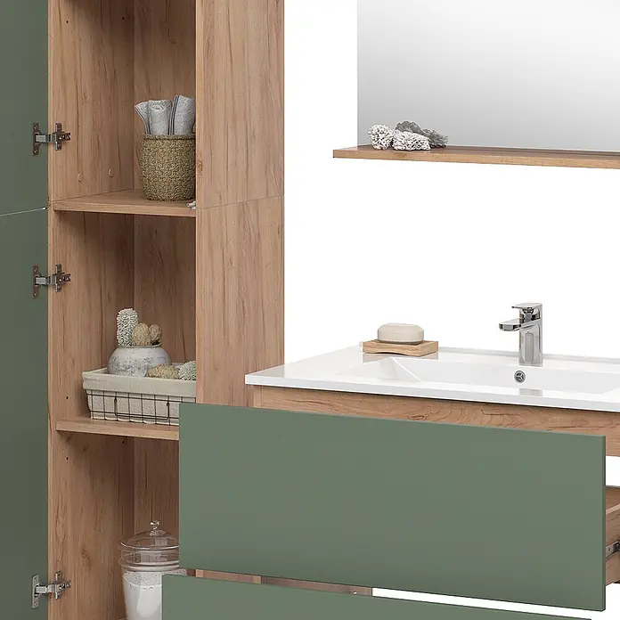 Vicco Badmöbel-Set Izan Goldkraft Eiche/Grün 4 Teile mit Hochschrank - Goldkraft Eiche, Matt - Badmöbelset in Salbeigrün und Eiche mit Waschbecken und Hochschrank.