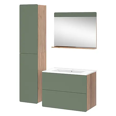 Vicco  Badmöbel-Set Izan Goldkraft Eiche/Grün 4 Teile mit Hochschrank