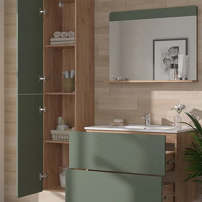 Vicco Badmöbel-Set Izan Goldkraft Eiche/Grün 4 Teile mit Hochschrank - Goldkraft Eiche, Matt - Badezimmerset mit mattgrünem Waschtischunterschrank und hohem Aufbewahrungsschrank in heller Holzoptik.