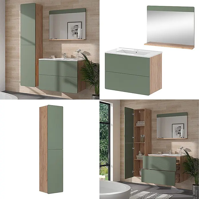 Vicco Badmöbel-Set Izan Goldkraft Eiche/Grün 4 Teile mit Hochschrank - Goldkraft Eiche, Matt - Modernes Badezimmermöbel-Set in Grün und Holzoptik mit Waschtisch, Spiegel und Hochschrank.