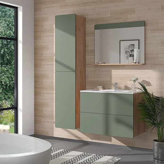 Vicco Badmöbel-Set Izan Goldkraft Eiche/Grün 4 Teile mit Hochschrank - Goldkraft Eiche, Matt - Moderner Waschtisch in Grün und Holz mit passendem Spiegelschrank und hohem Badschrank.