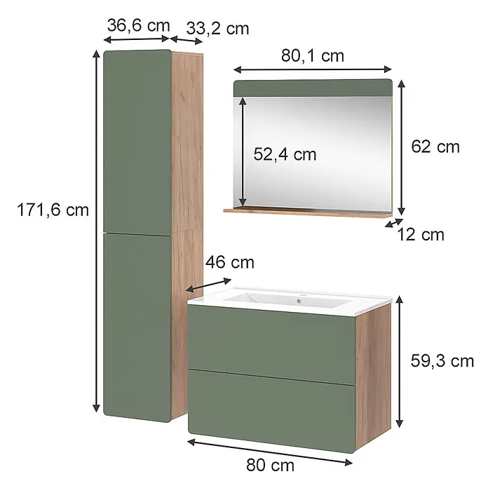 Vicco Badmöbel-Set Izan Goldkraft Eiche/Grün 4 Teile mit Hochschrank - Goldkraft Eiche, Matt - Badezimmermöbel-Set mit hohem Schrank, Waschtisch mit Waschbecken und Spiegel mit Ablage in Grün und Holzoptik.