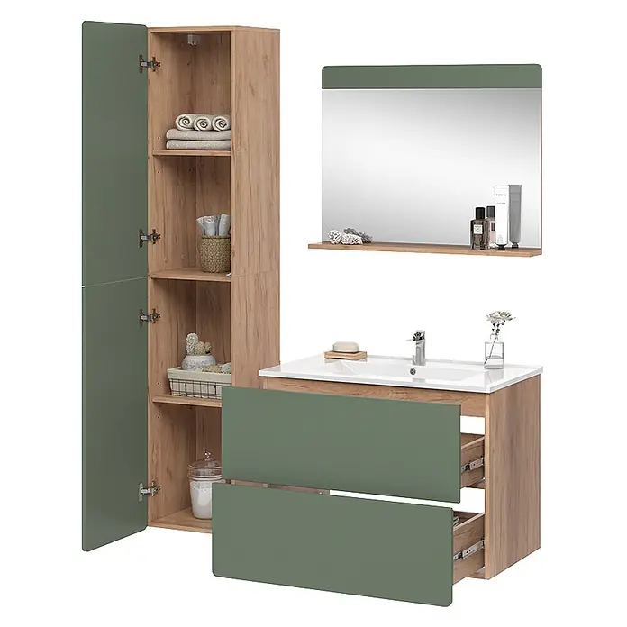 Vicco Badmöbel-Set Izan Goldkraft Eiche/Grün 4 Teile mit Hochschrank - Goldkraft Eiche, Matt - Badezimmermöbel-Set in Eichenoptik mit salbeigrünen Fronten, bestehend aus Hochschrank, Waschtischunterschrank und Spiegel mit Ablage.