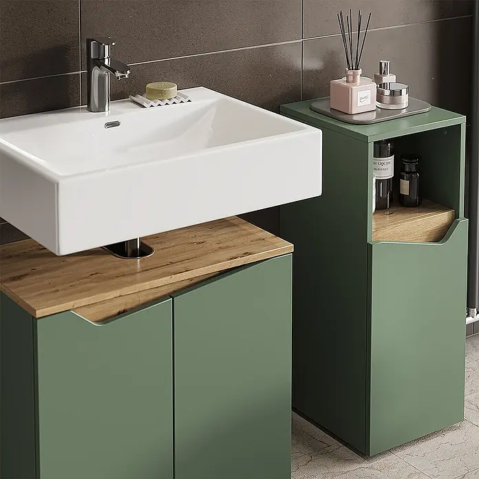 Vicco Badmöbel-Set Marelle Grün/Artisan 5 Teile - Grün, Matt - Grüner Badunterschrank mit weißem Waschbecken, Holzplatte und passendem grünen Beistellschrank.