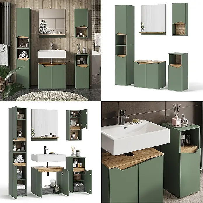 Vicco Badmöbel-Set Marelle Grün/Artisan 5 Teile - Grün, Matt - Grünes Badmöbel-Set mit Holzdetails: Hochschrank, Spiegelschrank, Waschtischunterschrank und Beistellschrank für stilvollen Stauraum.