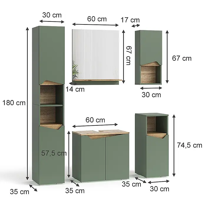 Vicco Badmöbel-Set Marelle Grün/Artisan 5 Teile - Grün, Matt - Grün- und holzfarbenes Badezimmermöbel-Set mit Hochschrank, Wandschränken, Waschtischunterschrank und Spiegel.