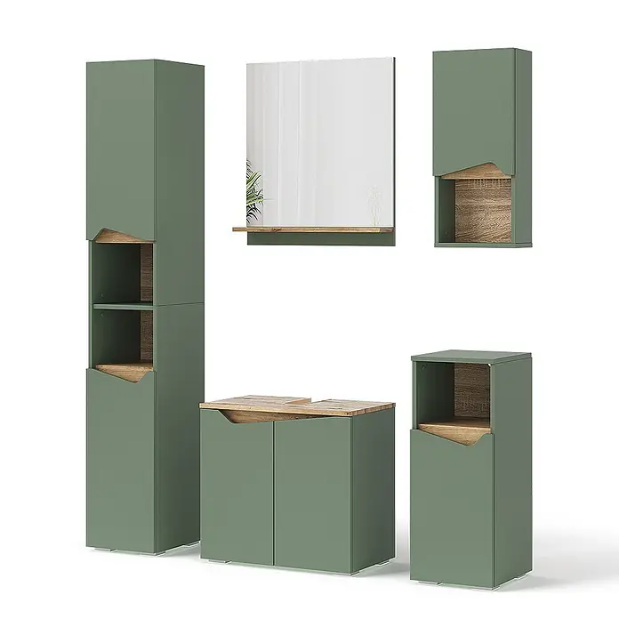Vicco Badmöbel-Set Marelle Grün/Artisan 5 Teile - Grün, Matt - Modernes olivgrünes Badmöbelset mit Holzdetails, inkl. Schränken, Waschtischunterschrank und Spiegel.
