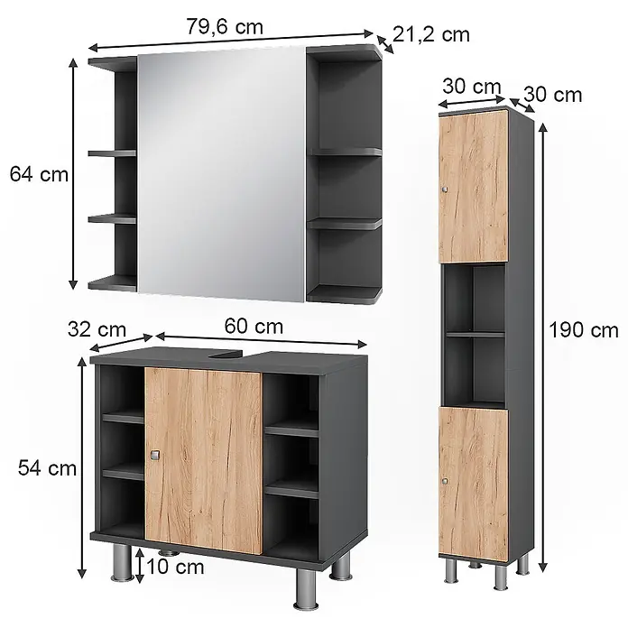 Vicco Badmöbel-Set Fynn Anthrazit/Goldkraft Eiche 3 Teile mit Hochschrank - Anthrazit, Matt - Badezimmermöbel-Set in Dunkelgrau und heller Holzoptik, mit Spiegelschrank, Waschtischunterschrank und hohem Schrank mit Fächern und Türen.
