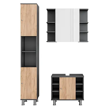Vicco  Badmöbel-Set Fynn Anthrazit/Goldkraft Eiche 3 Teile mit Hochschrank