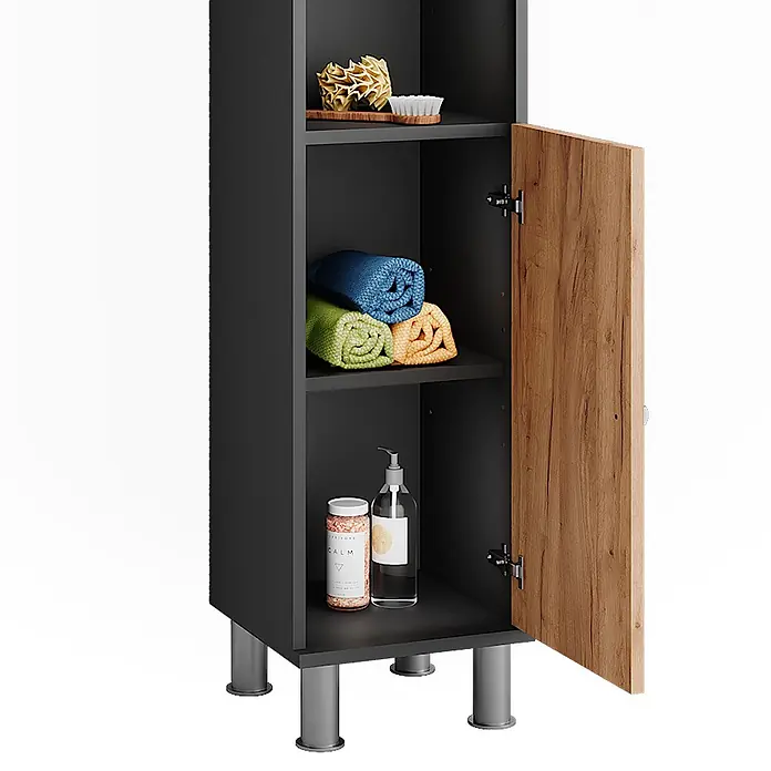 Vicco Badmöbel-Set Fynn Anthrazit/Goldkraft Eiche 3 Teile mit Hochschrank - Anthrazit, Matt - Hoher dunkelgrauer Badschrank mit Tür in Holzoptik, geöffnet um Regale mit Handtüchern und Badeartikeln zu zeigen, auf Metallfüßen stehend.