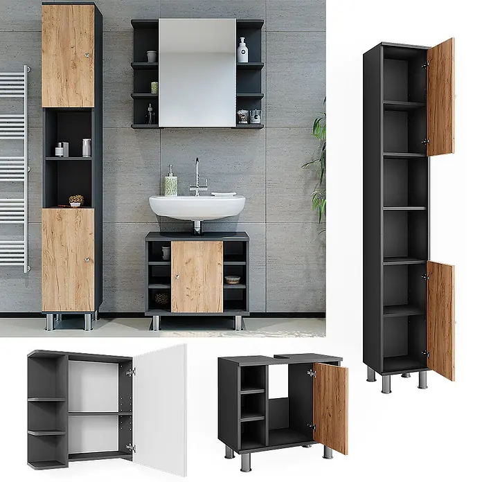 Vicco Badmöbel-Set Fynn Anthrazit/Goldkraft Eiche 3 Teile mit Hochschrank - Anthrazit, Matt - Modernes dunkelgraues Badmöbelset in Holzoptik mit Hochschrank, Waschtischunterschrank und Spiegelschrank.