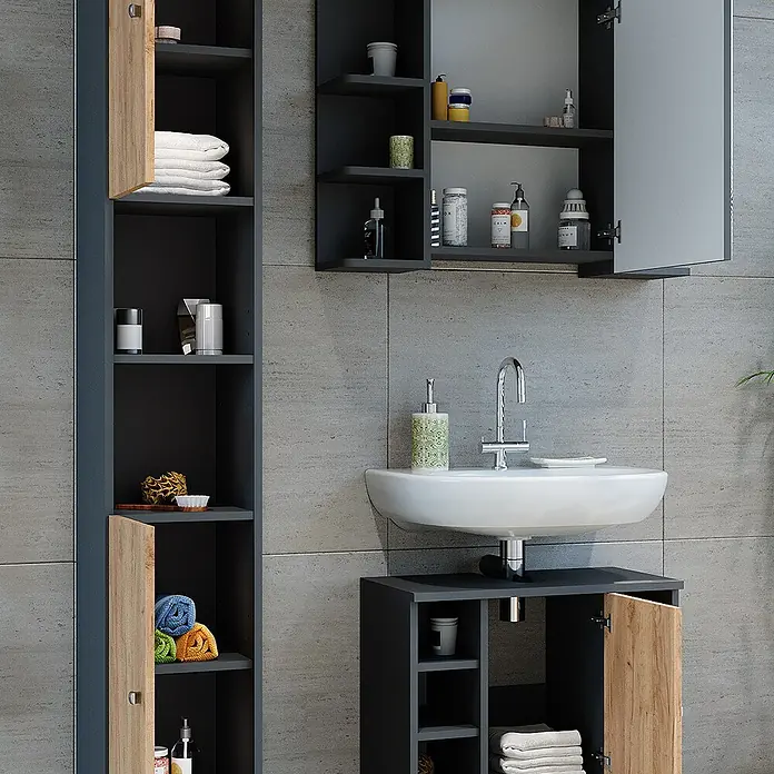 Vicco Badmöbel-Set Fynn Anthrazit/Goldkraft Eiche 3 Teile mit Hochschrank - Anthrazit, Matt - Badezimmermöbel-Set in Schwarz und Holzoptik mit Hochschrank, Spiegelschrank und Waschtischunterschrank für organisierte Aufbewahrung.