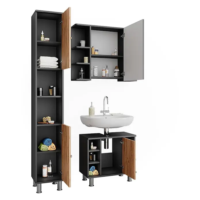 Vicco Badmöbel-Set Fynn Anthrazit/Goldkraft Eiche 3 Teile mit Hochschrank - Anthrazit, Matt - Schwarze Badmöbel-Garnitur mit Holz-Akzenten: Hochschrank, Spiegelschrank und Waschtischunterschrank.