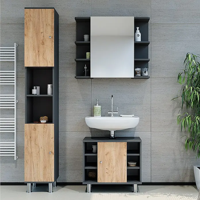 Vicco Badmöbel-Set Fynn Anthrazit/Goldkraft Eiche 3 Teile mit Hochschrank - Anthrazit, Matt - Dunkelgraues Badmöbel-Set mit hellen Holz-Türen, bestehend aus Hochschrank, Waschtischunterschrank und Spiegelschrank.