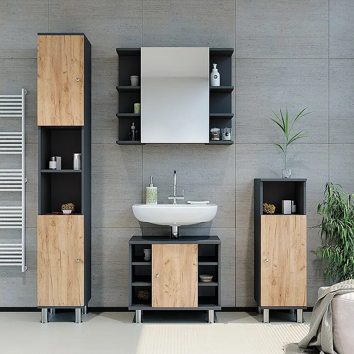 Vicco Badmöbel-Set Fynn Anthrazit/Goldkraft Eiche 4 Teile - Anthrazit, Matt - Modernes Badmöbel-Set in Dunkelgrau und heller Holzoptik, viel Stauraum bietend.