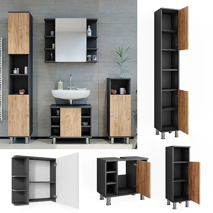 Vicco Badmöbel-Set Fynn Anthrazit/Goldkraft Eiche 4 Teile - Anthrazit, Matt - Modulares Badmöbel-Set in Dunkelgrau mit hellen Holzoptik-Türen und silbernen Beinen, inkl. Hochschrank, Waschtisch, Spiegel- und Unterschrank.