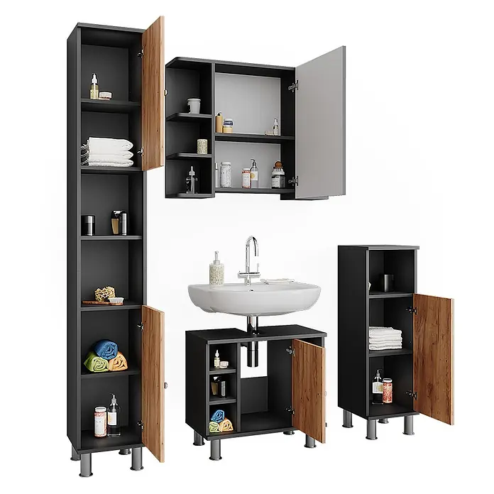 Vicco Badmöbel-Set Fynn Anthrazit/Goldkraft Eiche 4 Teile - Anthrazit, Matt - Dunkelgraues Badmöbel-Set mit holzfarbenen Türen und weißem Waschbecken, bietet viel Stauraum.