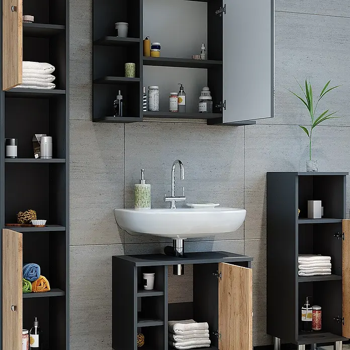 Vicco Badmöbel-Set Fynn Anthrazit/Goldkraft Eiche 4 Teile - Anthrazit, Matt - Modernes dunkelgraues Badmöbel-Set mit weißem Waschbecken, Spiegelschrank und Stauraumschränken mit Holzfronten.