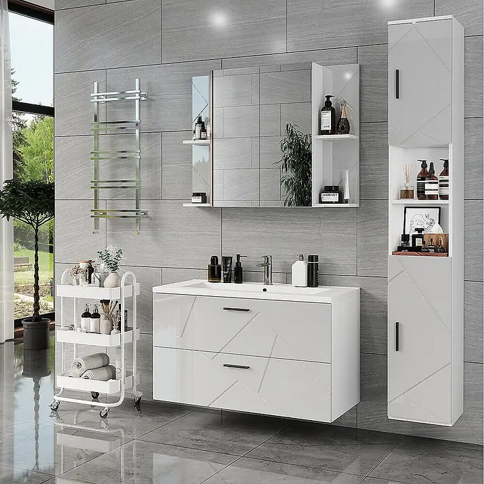 Vicco Badmöbel-Set Irma Weiß/Weiß Hochglanz 4 Teile - Weiß, Glänzend - Ein modernes, weißglänzendes Badmöbelset mit Waschbecken, Spiegelschrank, Hochschrank und Rollwagen, geometrisch akzentuiert.