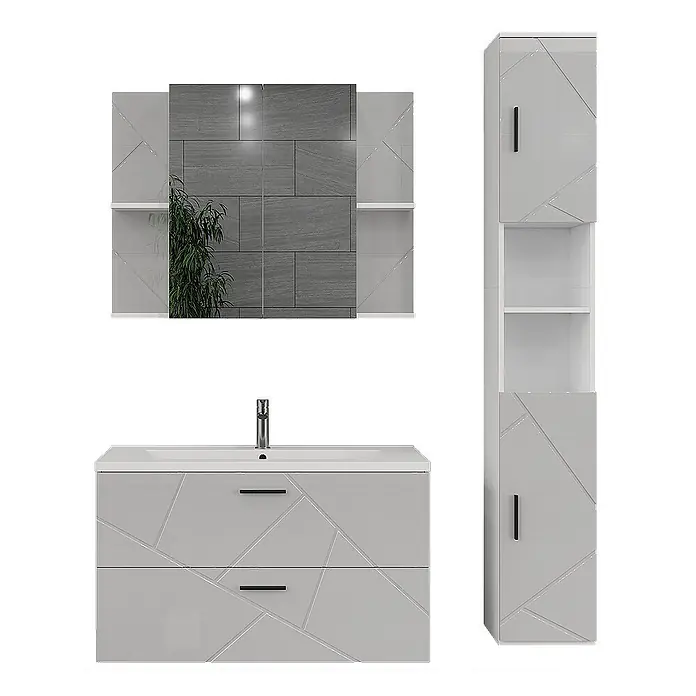 Vicco Badmöbel-Set Irma Weiß/Weiß Hochglanz 4 Teile - Weiß, Glänzend - Helles graues Badezimmermöbel-Set mit geometrischem Muster, bestehend aus Waschtischunterschrank, Hochschrank und Spiegel mit Ablagen.