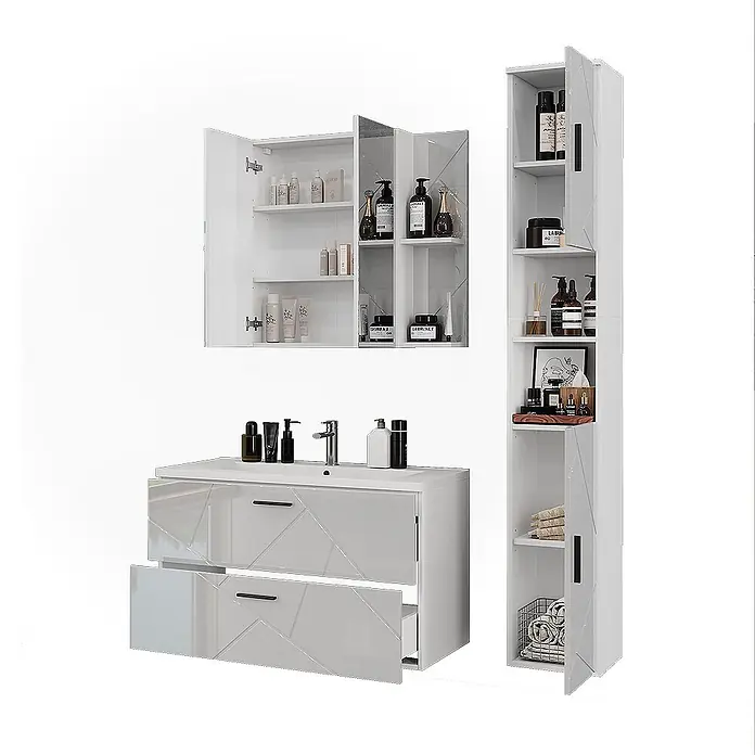 Vicco Badmöbel-Set Irma Weiß/Weiß Hochglanz 4 Teile - Weiß, Glänzend - Weißes hochglänzendes Badmöbel-Set mit geometrischem Muster, bestehend aus Waschtisch, Spiegelschrank und hohem Hochschrank.