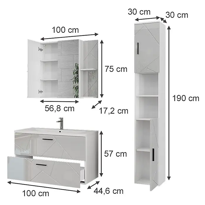 Vicco Badmöbel-Set Irma Weiß/Weiß Hochglanz 4 Teile - Weiß, Glänzend - Weißes Hochglanz-Badmöbelset mit geometrischen Mustern, bestehend aus Spiegelschrank, Waschbeckenunterschrank und Hochschrank.