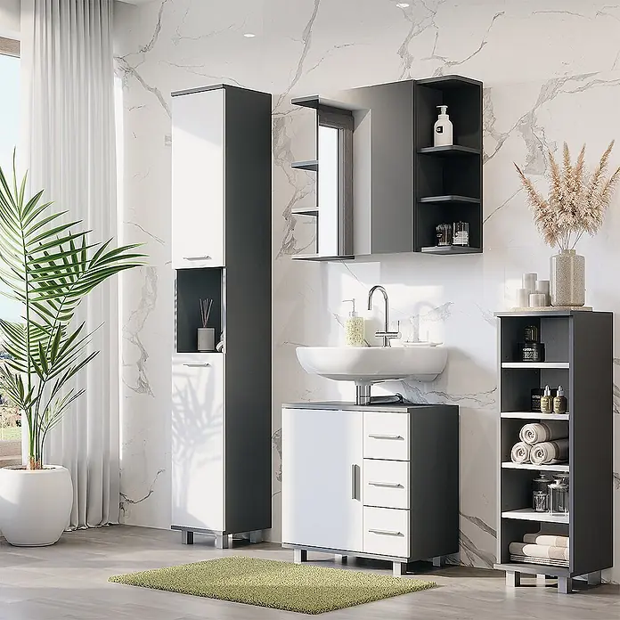 Vicco Badmöbel-Set Ilias Anthrazit/Weiß 4 Teile - Anthrazit, Matt - Modernes weiß-dunkelgraues Badmöbelset mit Hochschränken, Waschtisch mit Waschbecken und Spiegelschrank.