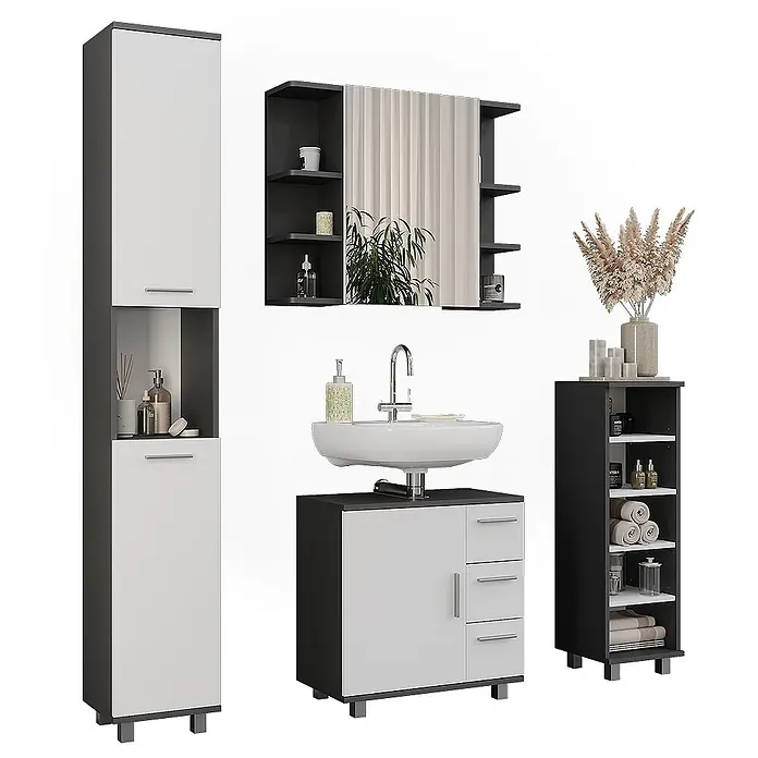 Vicco Badmöbel-Set Ilias Anthrazit/Weiß 4 Teile - Anthrazit, Matt - Schwarz-weißes Badmöbel-Set mit Hochschrank, Waschtischunterschrank, Spiegelschrank und offenem Regal.