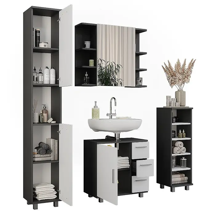 Vicco Badmöbel-Set Ilias Anthrazit/Weiß 4 Teile - Anthrazit, Matt - Modernes Badmöbelset in Schwarz-Weiß mit Waschtischunterschrank, Hochschränken und Spiegelschrank.