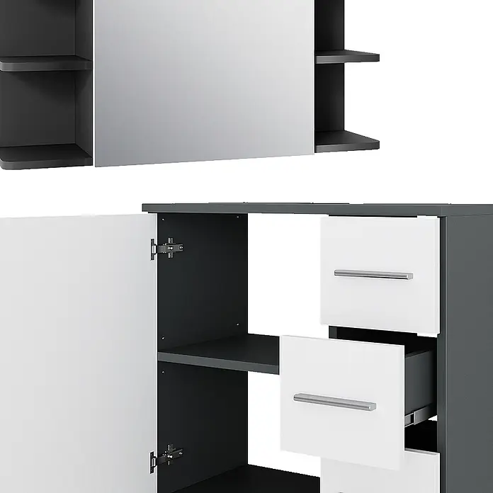 Vicco Badmöbel-Set Ilias Anthrazit/Weiß 4 Teile - Anthrazit, Matt - Zweifarbiger dunkelgrau-weißer Schrank mit Spiegelaufsatz, offenen Fächern und Unterschrank mit Schubladen.