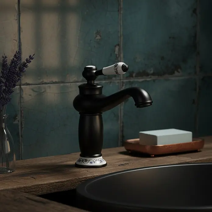 Rousseau Grifo de lavabo Marple - Negro - Grifo vintage negro con detalles cerámicos sobre un lavabo negro en un baño rústico.