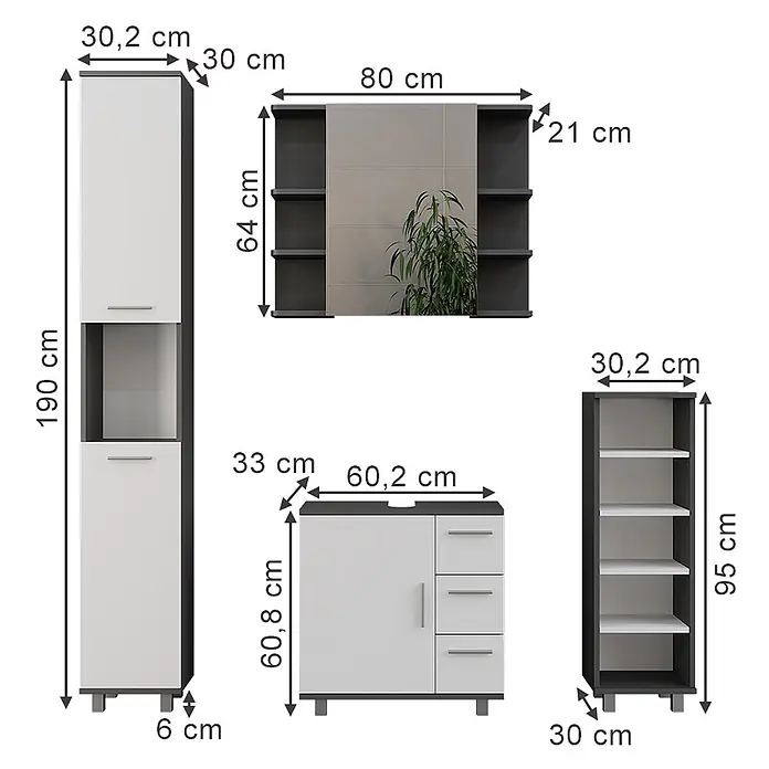 Vicco Badmöbel-Set Ilias Anthrazit/Weiß 4 Teile - Anthrazit, Matt - Set weiß-grauer Aufbewahrungsmöbel mit Maßen: Hochschrank, Wandregal, Unterschrank und schmales Regal.