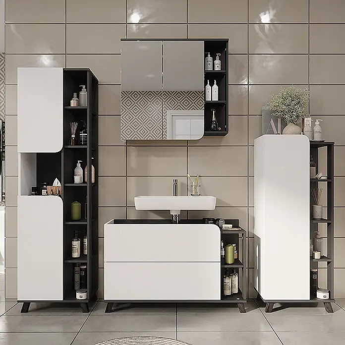 Vicco Badmöbel-Set Karen Anthrazit/Weiß 4 Teile - Anthrazit, Matt - Modernes Badmöbelset in Weiß und Dunkelgrau mit Waschbecken, Spiegelschrank und hohen Regalen.
