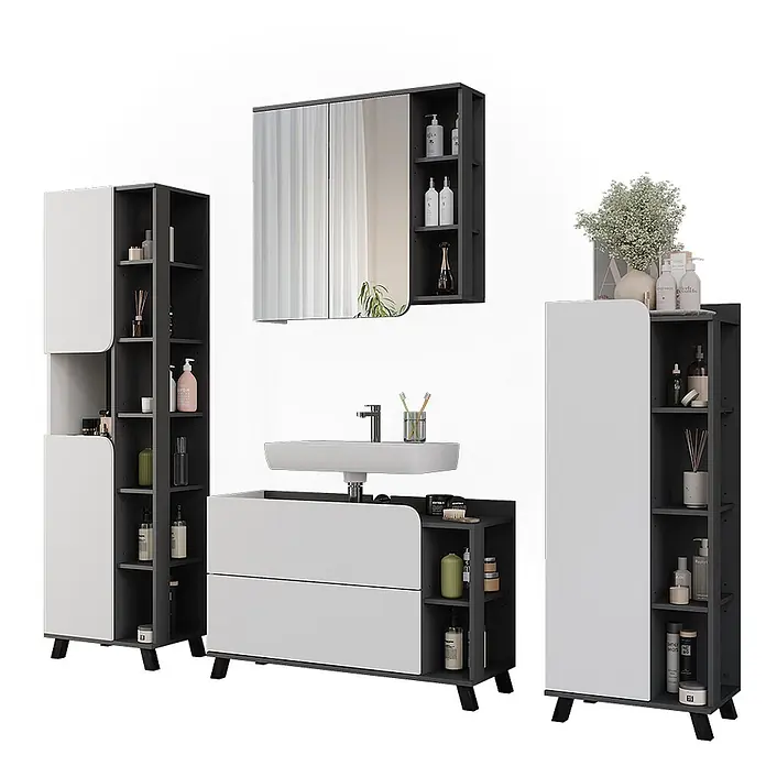 Vicco Badmöbel-Set Karen Anthrazit/Weiß 4 Teile - Anthrazit, Matt - Modernes dunkelgrau-weißes Badmöbel-Set mit Waschtisch, Spiegelschrank und Hochschränken.