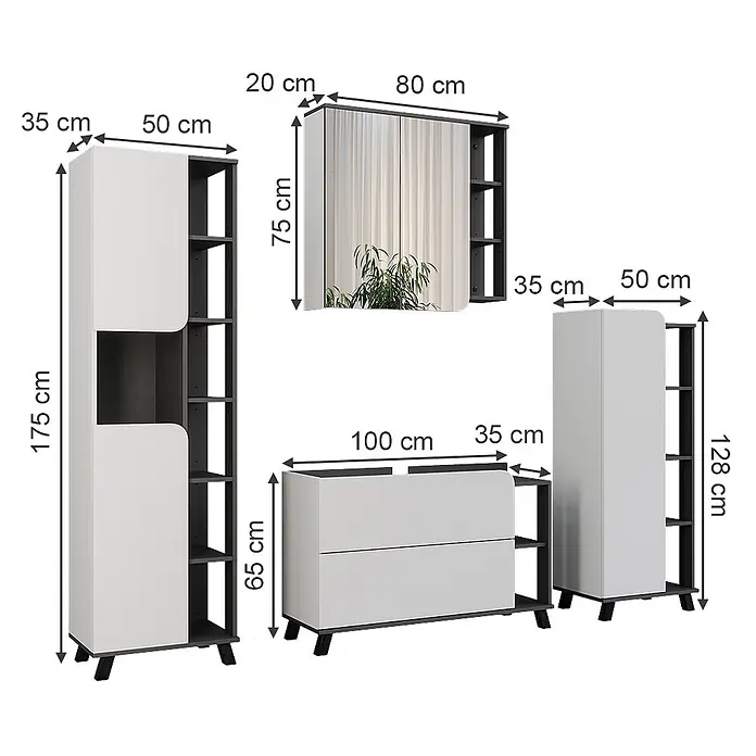 Vicco Badmöbel-Set Karen Anthrazit/Weiß 4 Teile - Anthrazit, Matt - Modulares Stauraum-Möbelset in Weiß/Dunkelgrau mit Schränken, Schubladen und Spiegel.